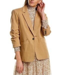 Cinq A Sept Brooke Twill Blazer Ruched Sleeve Jacket Cotton In Khaki Tan Size 6